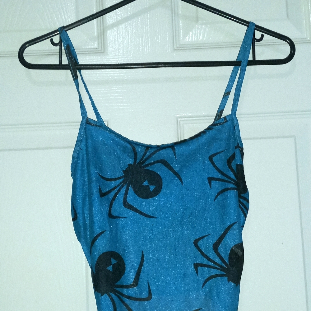 Shein Blue Mesh top with black Spiders - size xs/s